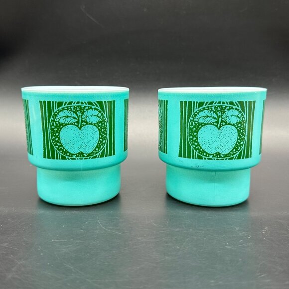 Vintage Milk Glass Mugs Hazel Atlas Teal Green Stacking Fruit Cherry Pear Apple - Picture 5 of 12